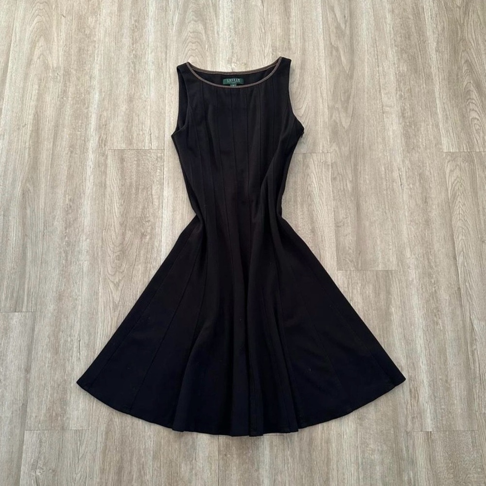 Ralph Lauren Sleeveless Midi Fit-and-Flare Dress with Lamb Leather Trim, Size 6